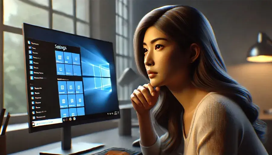 Windows 10パソコンの設定を見直している女性のイメージ画像