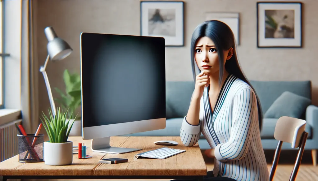 ディスプレイの表示が思い通りにならなくて悩む女性