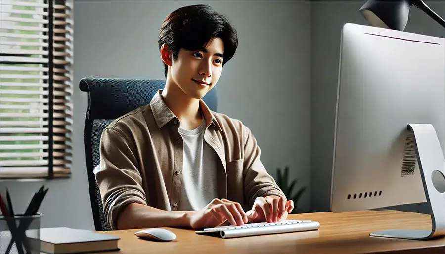 すぐできる！キーボード操作がストレスなくなる簡単テクニックを使って笑顔でキー入力する男性