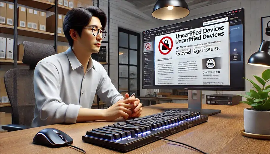 技適マークなしのキーボードが違法か調べている男性