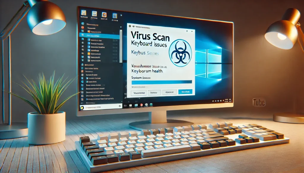 Windowsのパソコンで、システムの再起動とウイルスソフトの確認をしているイメージ画像